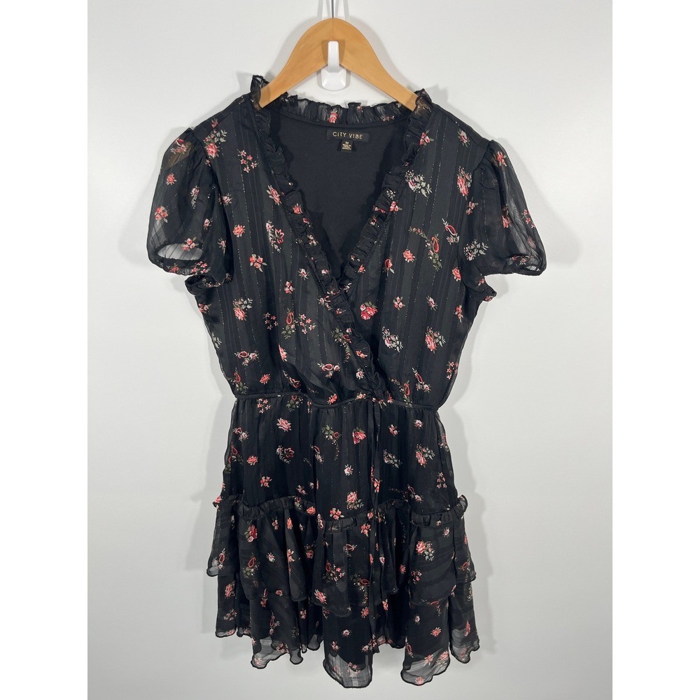Whimsigoth Dark Fairy Wedding Guest Womens Dress M Black Floral Ruffle Wrap Top - Picture 1 of 8